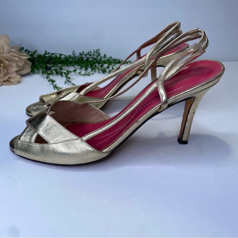 Kate Spade Gold Peep Toe Strappy Sandal Heels Leather Size 8.5M - Picture 5 of 10